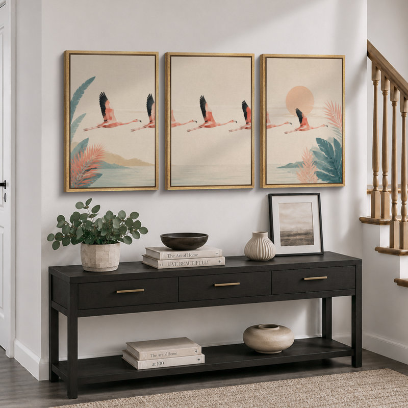 «Minimalist Pink Flamingo Coastal Sunset», reproduction de chambre de bébé, impression sur toile encadrée, 3 pièces