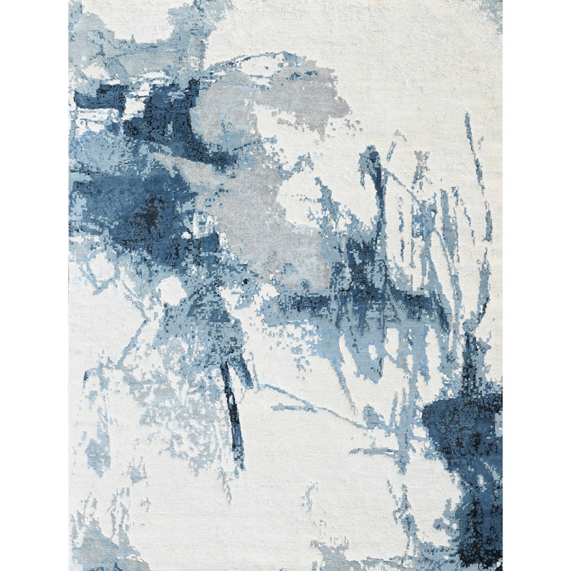 Tapis ivoire et bleu noué à la main de haute qualité, Rectangle 12 pi x 15 pi