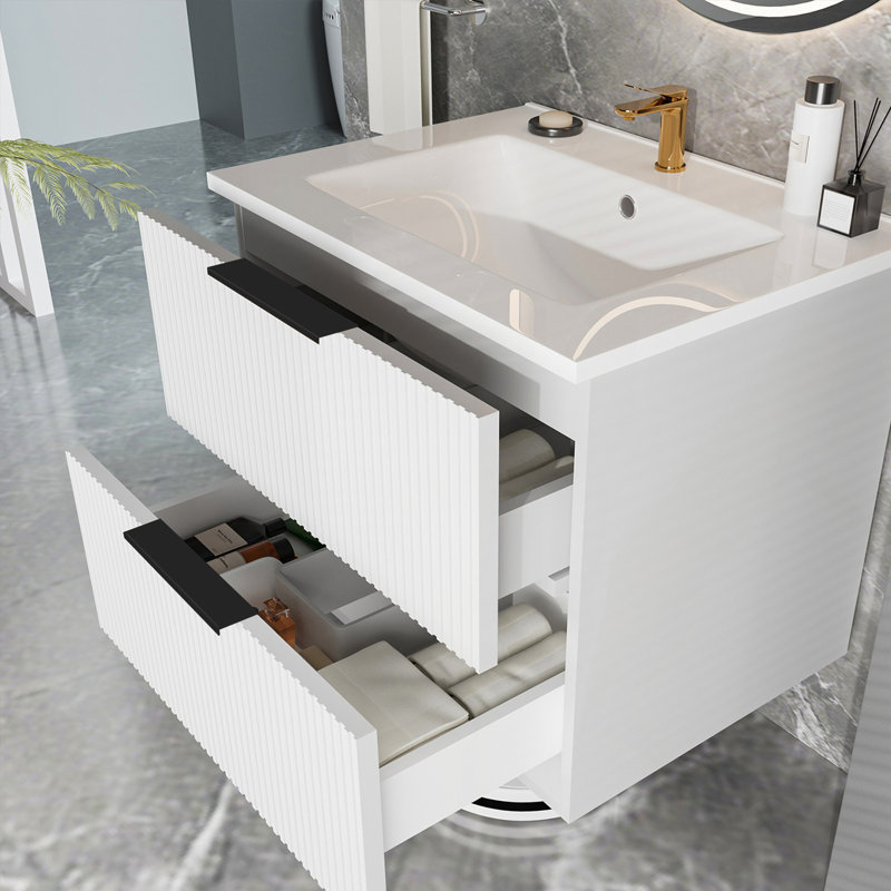 Meuble-lavabo de 30 po avec lavabo en céramique, tiroirs pleine extension, glissières à fermeture en douceur et conception cannelée au fini naturel