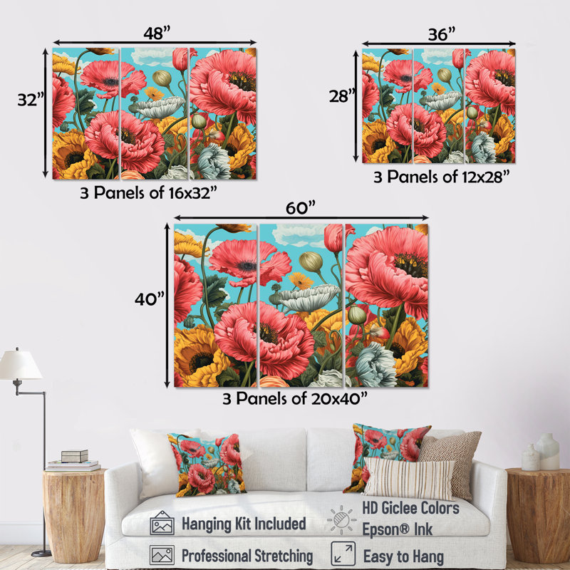 «Vibrant Pink Poppy Field Dreams» - ensemble d'art mural coquelicot, H 32 po x l 48 po x P 1 po