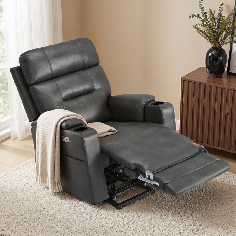 Dual Motor Lay Flat Power Recliner Lift Chair with Heat and Massage, Faux Leather, Grey