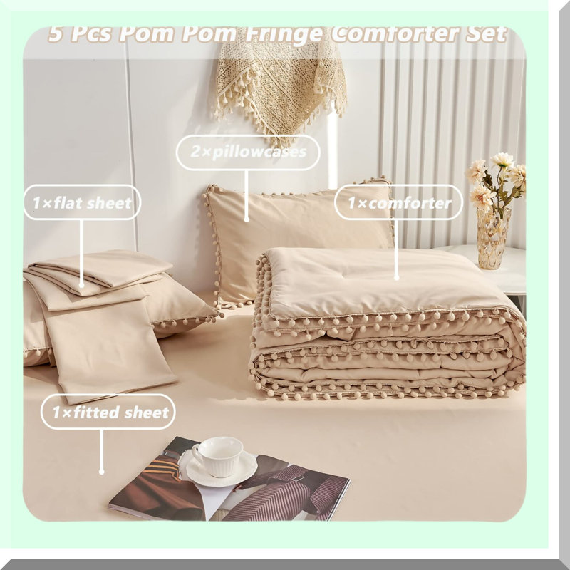 Boho Chic Pom Pom Fringe Comforter Set - Soft Queen Size Bedding with Sheets & Solid Bed in a Bag for Adults - Khaki Comforter Set