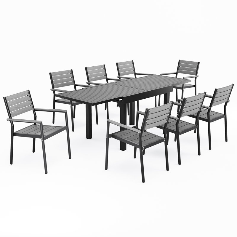 Ensemble de salle à manger d'extérieur pour 8 personnes Koskinen - Ensemble de 9 tables et fauteuils extensibles en aluminium