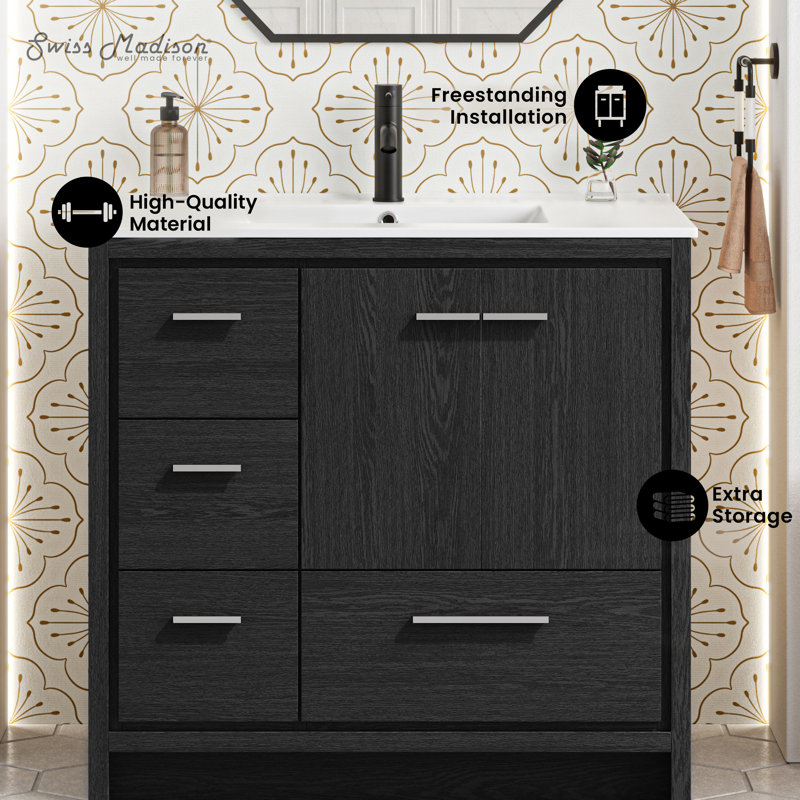 Meuble-lavabo autoportant de 36 po en chêne noir avec plateau de lavabo Virage, Trou unique