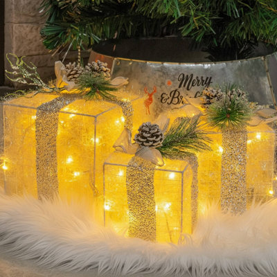 3-piece Pre-lit Led Gift Box Set With Warm White Lights For Indoor Outdoor Christmas Decor