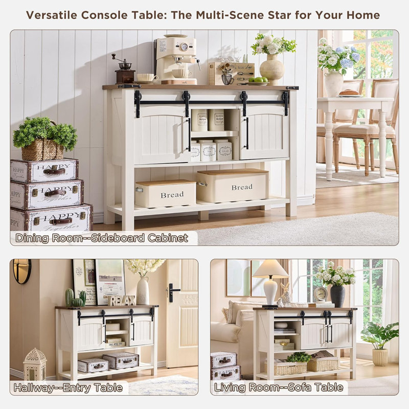 Entryway Table with Sliding Arch Doors, 46" Rustic Console Table with Adjustable Shelf, Natural