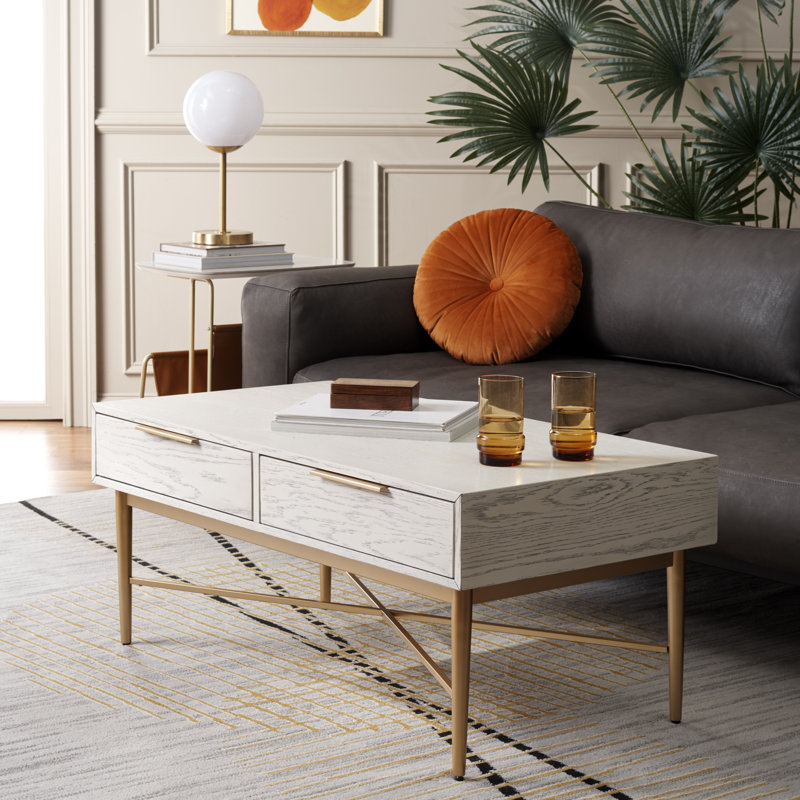 Table basse à 4 pieds avec rangement, Blanc délavé