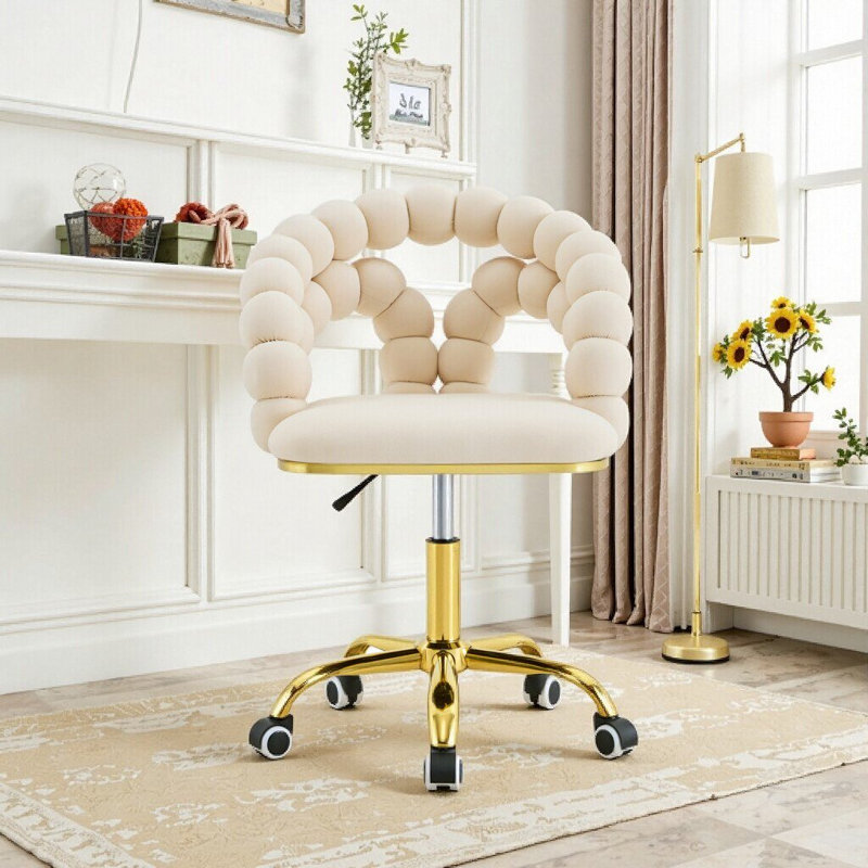Fauteuil de bureau pivotant en velours avec dossier à bulles et base dorée, Beige et or
