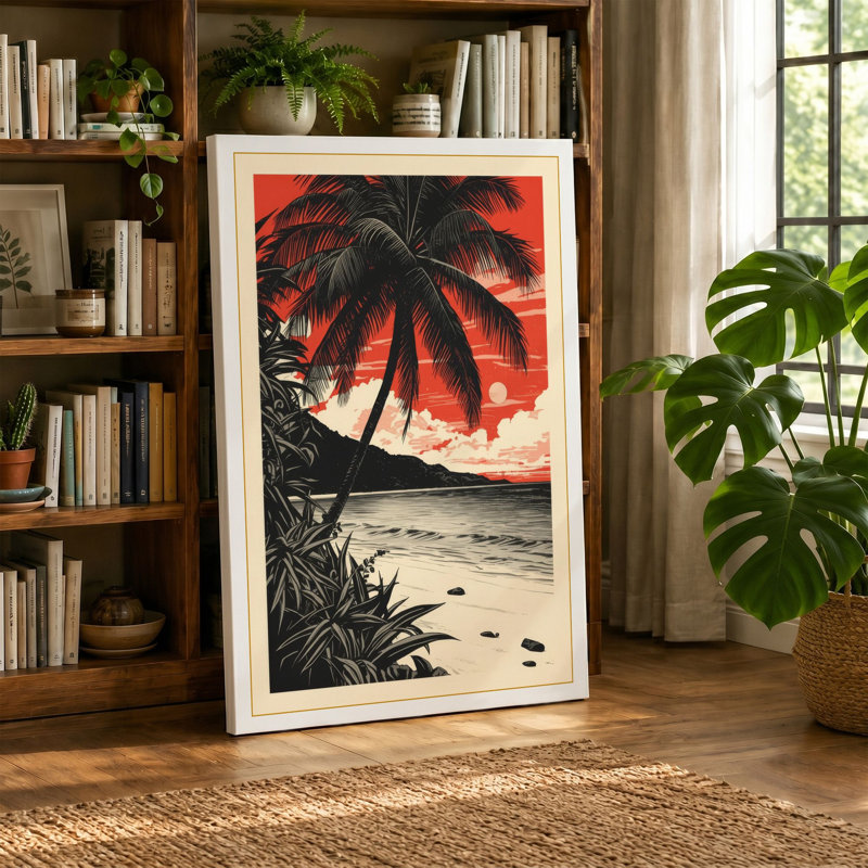 Tropical Sunset Coastal 1 Piece Wrapped Canvas Wall Art, 24x16 - 61.0 x 40.6 cm, Sage Border