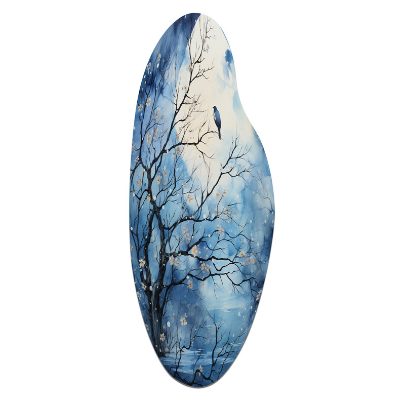 Halbur bleu blanc arbre au clair de lune Silhouette II - Arbres courbés, art mural en métal, H 30 po x l 11 po