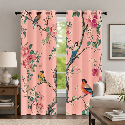 2Pcs Pink Floral and Bird Print Curtains, Vintage Style Curtain, Elegant Botanical Nature Theme Printed Art Grommet Drapes, Window Treatment for Bedroom Living Room Decor