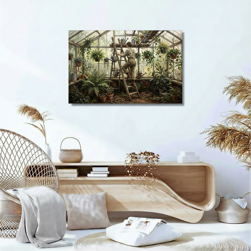 Art mural sur toile échelle de jardinier avec serre remplie de plantes, H 20 po x l 30 po