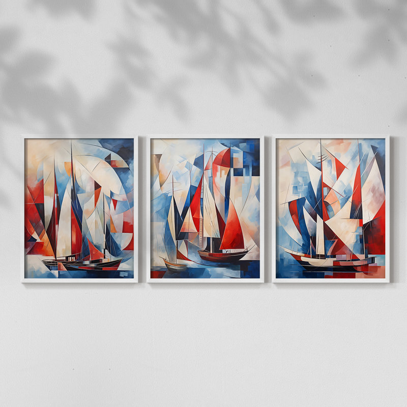 Série Sea and Shore XCV - Ensemble de 3 estampes numériques - Prêt à accrocher, Blanc, H 28 po x l 66 po