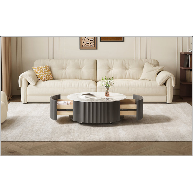Table basse ronde moderne sur roulettes, 2 tiroirs, plateau en pierre frittée résistante et élégant motif marbre, grise