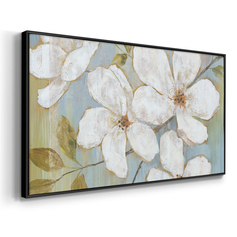 Fleurs blanches - Toile tendue avec châssis, prête à accrocher, H 25 po x l 49 po, Noir