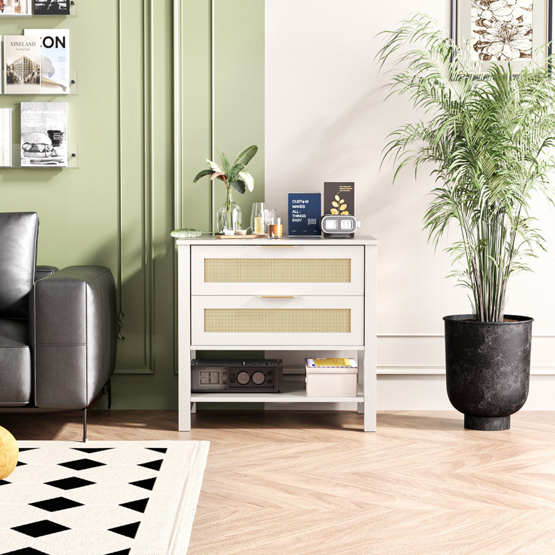 Table de chevet étroite en rotin avec 2 tiroirs et tablette de rangement Boho, Blanc