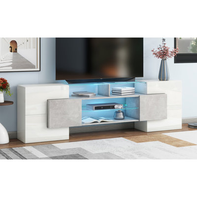 Meuble télé élégant avec verre trempé et tablettes fonctionnelles lumineuses, gris, rangement multimédia polyvalent