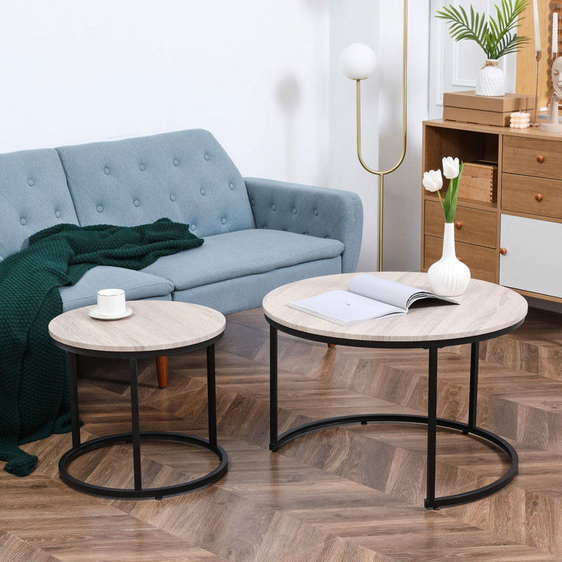 2 tables gigognes rondes, grises. Tables de salon à structure métallique. Options de table de bout et de bout de style industriel. Économie d'espace et fabrication stable. Capacité de poids de 22 lb par table. 29,5 po x 19,25 po H 19,75 po