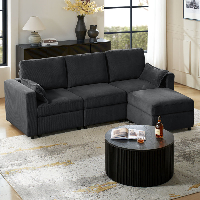 Catlin 4-Piece Corduroy Modular Storage Sectional Sofa With Versatile Tray, Back Pillows & Organizer Bag, Charcoal