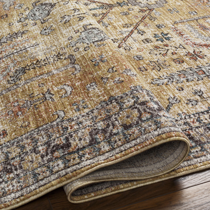 Everly Oriental Machine Made Power Loomed Polyester Area Rug in Gold, Rectangle 8'10" x 12'6"