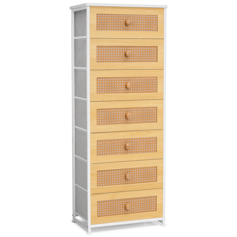 7 - Drawer Rattan Dresser Fabric Drawer Dresser, White/Natural