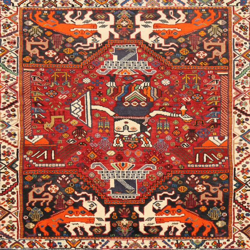 Tapis traditionnel gris / rouge, Carré 7 pi