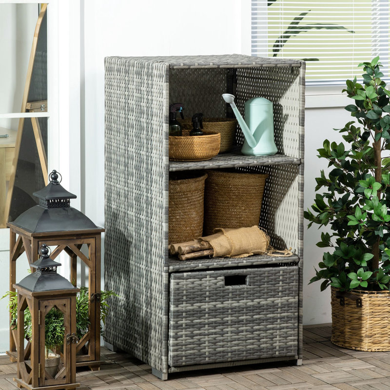 Spa Storage For Poolside - Waterproof Pe Plastic With 2 Shelves & 1 Basket Drawer, Gray Hot Tub Accessories Towel Rack Organizer, Shelves, Ideal Pool