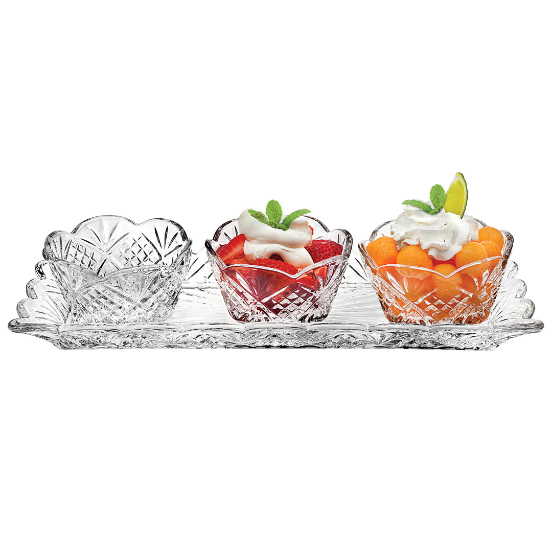 Dublin Crystal Scalloped 4 Piece Appetizer Bowls & Tray Set Godinger Silver Art Co
