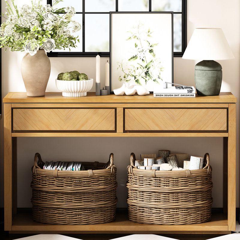 55" Console Table With Storage Drawers - Rustic Wooden Entryway For Hallway And Living Room, Natural Elegant Wood Room Open Shelf Look