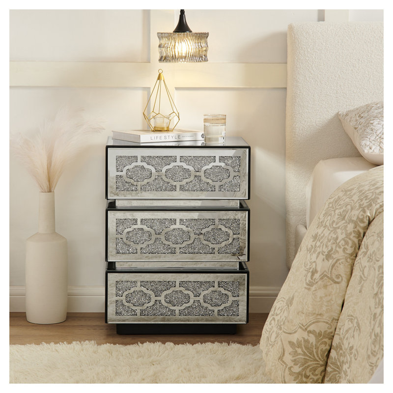 Table de chevet à miroir avec 3 tiroirs, table d'appoint moderne argentée avec diamants broyés - Élégante table de bout pour le rangement dans la chambre à coucher