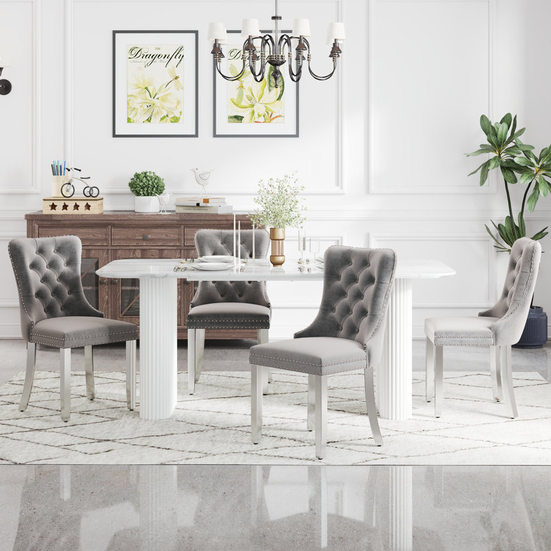 Rectangular Wooden Dining Set with Tufted Dining Chair, 5, Gray