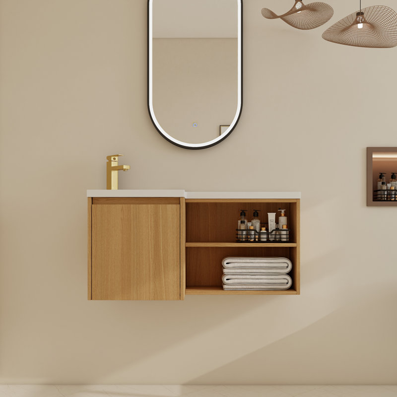 Ensemble de meuble-lavabo de coin mural 36 po avec lavabo en résine gauche, meuble-lavabo flottant avec porte à fermeture en douceur et tablette