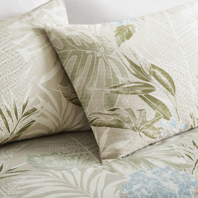 Housse de couette en coton 5 pièces pour imprimé botanique tropical / grand, fermeture à boutons, attaches intérieures, coussins tricotés avec coussins brodés, motif bleu, lavage à la machine, étiquetés