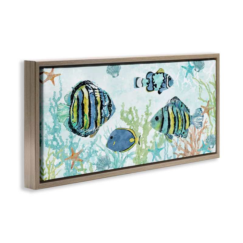  "Divers poissons sous l'eau", art mural encadré par Carol Robinson, H 14 po x l 31 po, Cadre flottant orme Montalcino