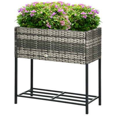 Raised Garden Bed, Elevated Planter Box With Rattan Wicker Look, Tool Storage Shelf, Portable Design For Herbs, Vegetables, Flowers