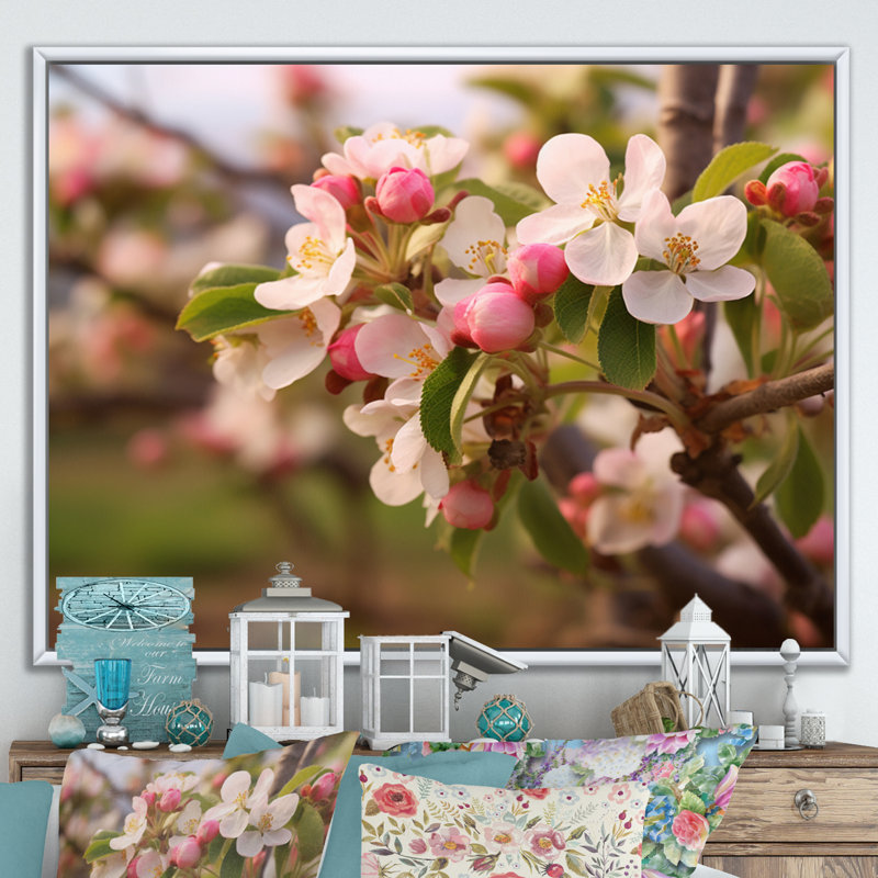 «Apple Blossom Petals At The Farm I», reproduction sur toile, Cadre flottant blanc, H 12 po x l 20 po x P 1 po