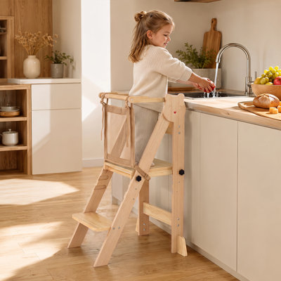 Tour d'escalade pliable pour tout-petits, marchepied de cuisine en bois réglable à 3 niveaux avec barrière de sécurité pivotante à 360° et filet amovible, structure en A pour enfants de 1 à 3 ans