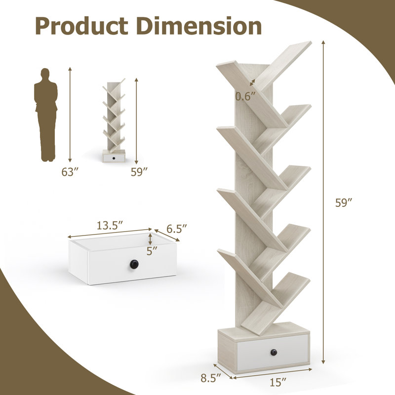 Grigorios Tree Bookshelf Storage Bookcase, Beige/Gray