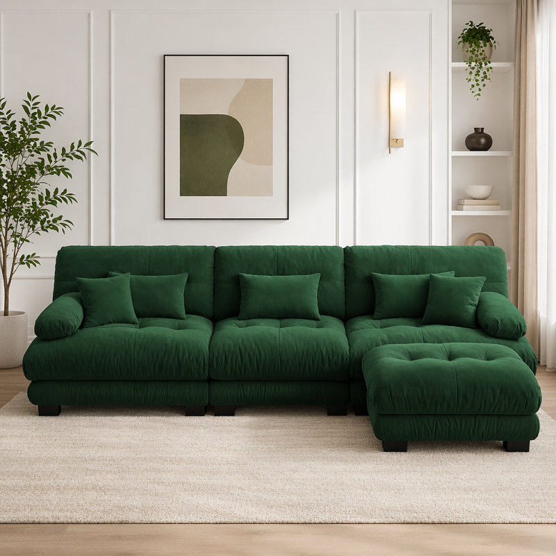 Canapé Cloud, canapé en chenille, Vert + 3 sièges + 1 fauteuil