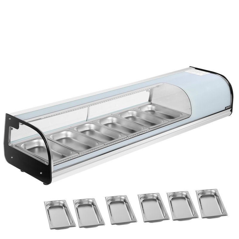 Réfrigérateur à vitrine à sushi, caisse à sushi commerciale de 2,2 pieds cubes, vitrine de comptoir à 6 casseroles avec verre courbé, éclairage DEL et contrôle numérique de la température, pour bar à sushi, restaurant, magasin