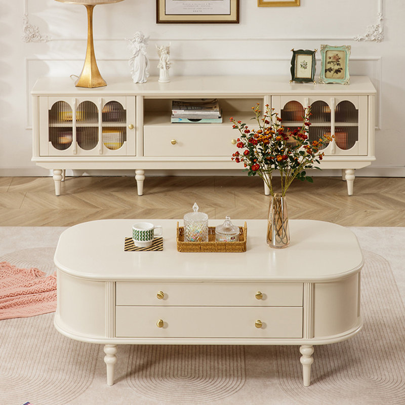 French cream-style oval coffee table, 18.9" H x 55.12" W x 27.56" D