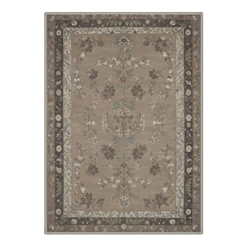 Vintage Floral Collection Taupe Indoor Area Rug,Machine Washable,With Non-Slip Backing, Taupe, Runner 2' x 7'