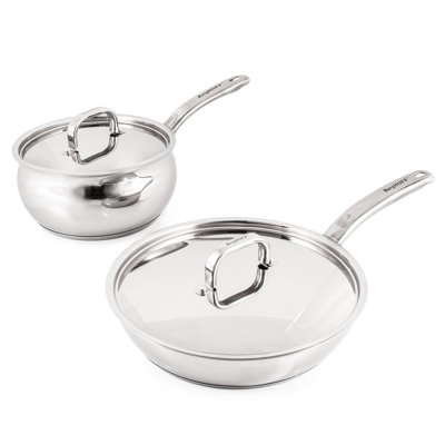 Belly Shape 3Pc 18/10 SS  Skillet & S/P Set, Metal Lids