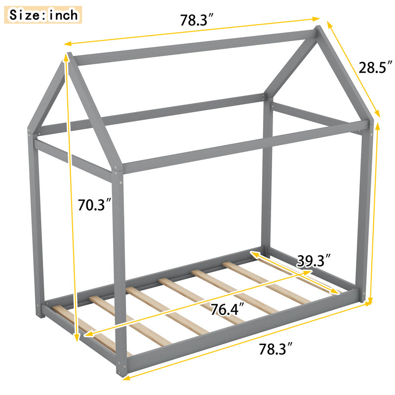 Twin Size Wooden House Bed, Gray, Gray