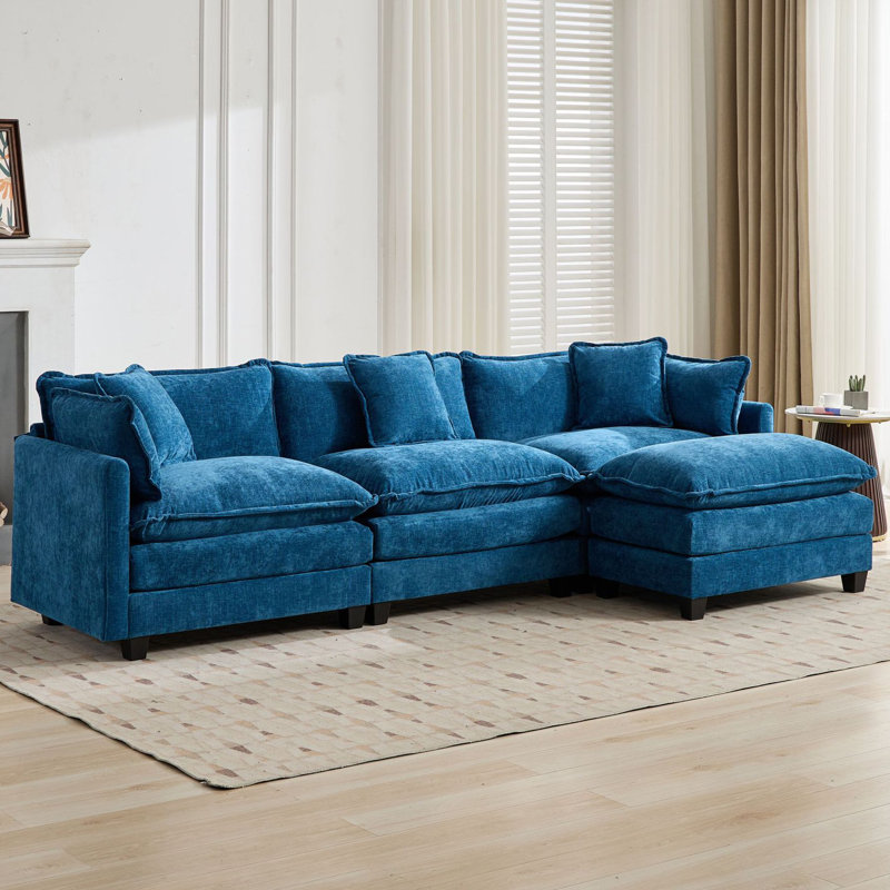 Schmucker L Shaped Modular Sectional Sofa, Oversized Cloud Couch With Ottoman, Blue Chenille, 33" H x 113.8" W x 35" D