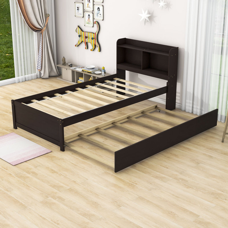 Lit plateforme en bois avec lit gigogne simple et rangement Kiefus, Espresso