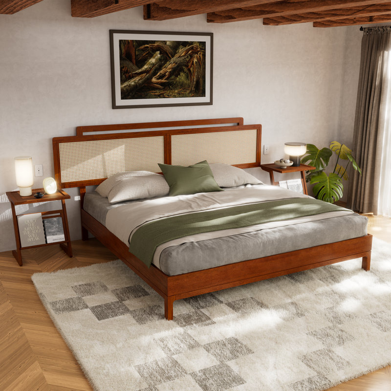 Neil Bed Frame with Rubber Wood and Rattan Headboard – Japanese Elegant Minimalist Design, Sturdy Construction, Easy Assembly – King, Milk Chocolate