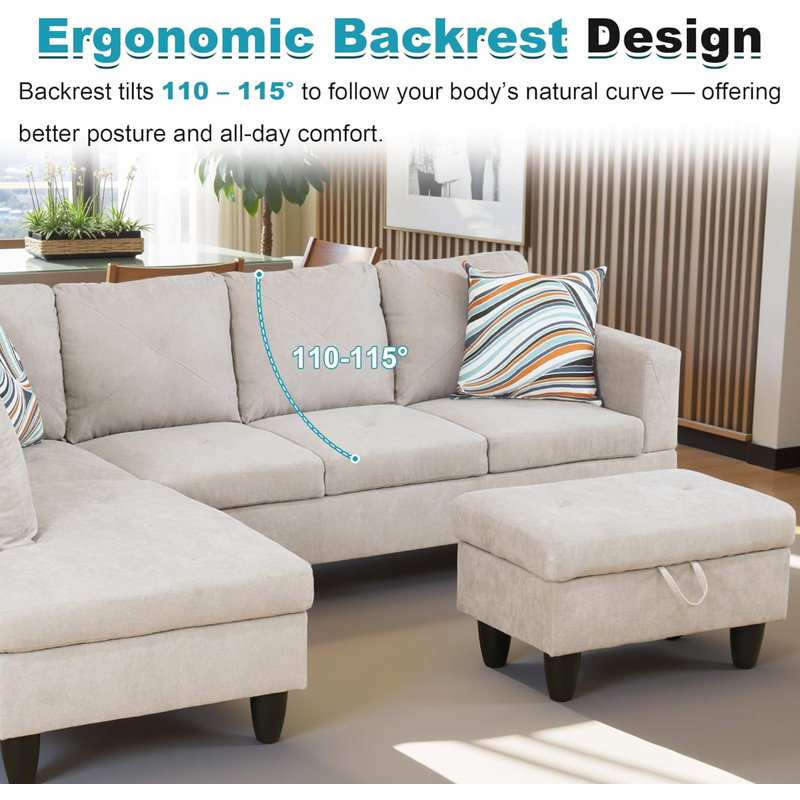 3-piece Flannelette  Modular Sectional Sofa, Off White, Left Hand Facing