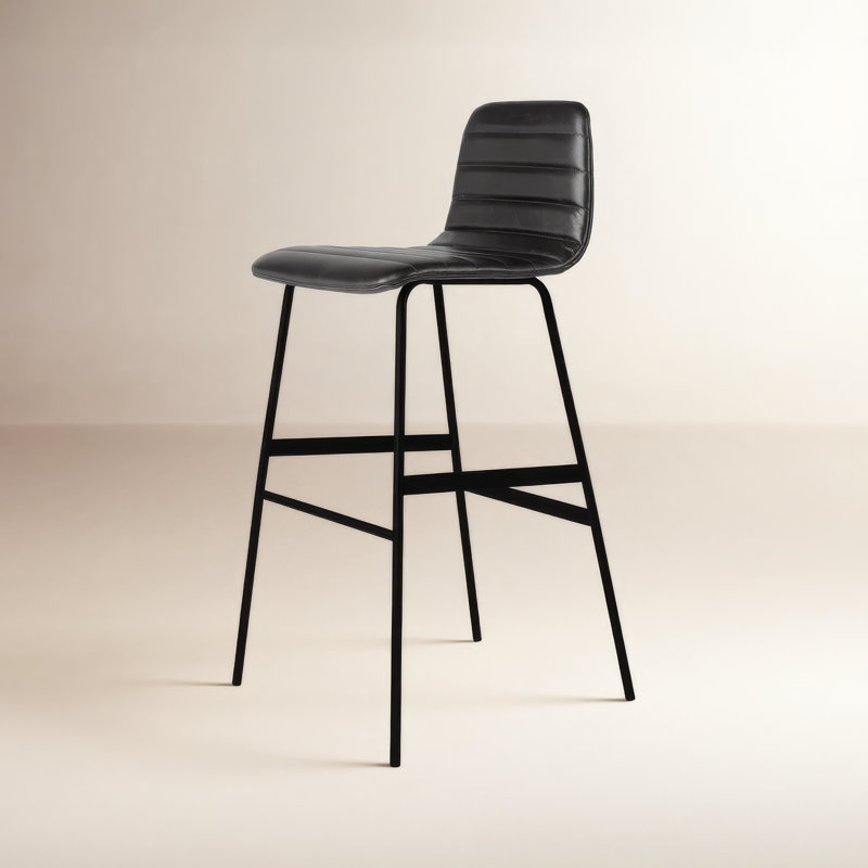 Upholstered Stool with Metal Frame, Bar Stool (30" Seat Height), Saddle Black Genuine Leather