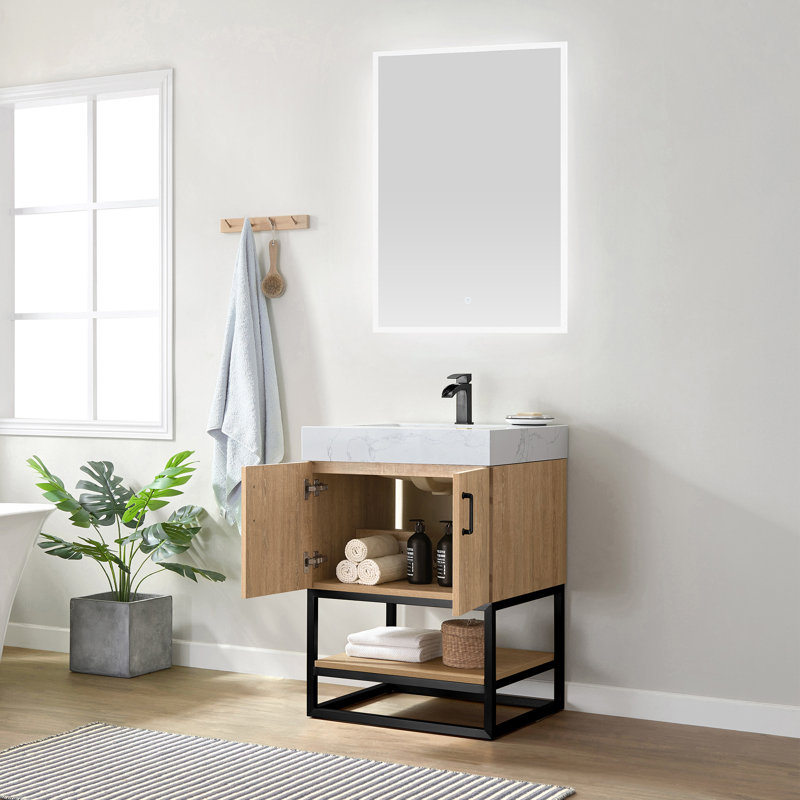 Ensemble de meuble-lavabo simple l 24 po Alistair, Noir mat, Chêne naturel, Blanc